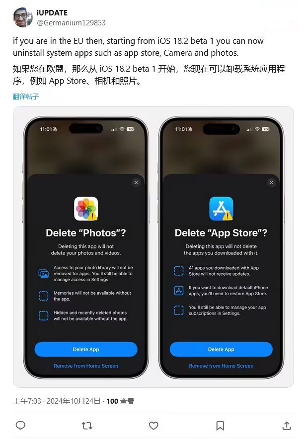 奎文苹果手机维修分享iOS 18.2 支持删除 App Store 应用商店 